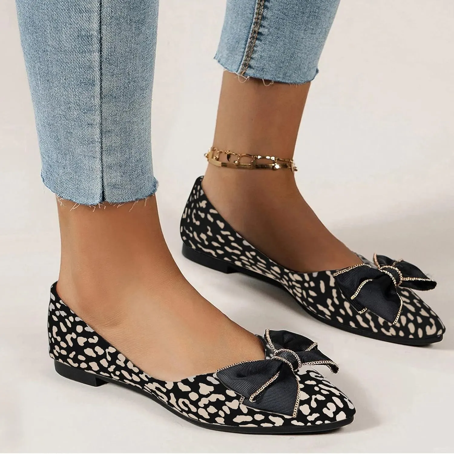 Womens Ballet Flat Shoes for Women Leopard Bow Womens Comfortable Slip On Classic Dressy Casual Leopard Shoes Women Pointed Toe Flats Knit
