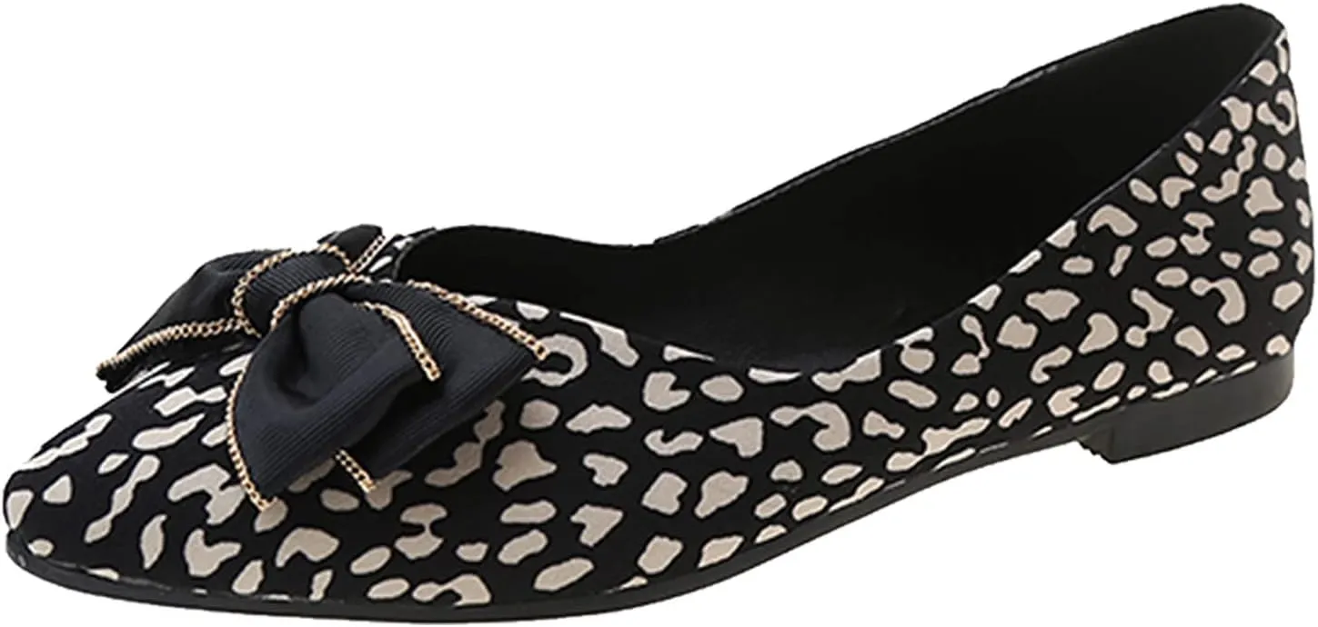 Womens Ballet Flat Shoes for Women Leopard Bow Womens Comfortable Slip On Classic Dressy Casual Leopard Shoes Women Pointed Toe Flats Knit