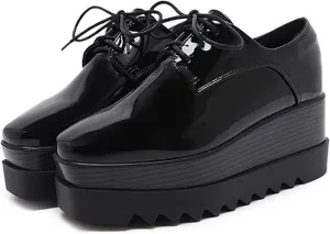 Women's Black Platform Oxford Shoes Comfy Stylish Patent Leather Business Casual Walking Wedges Oxfords Shoes Sneakers