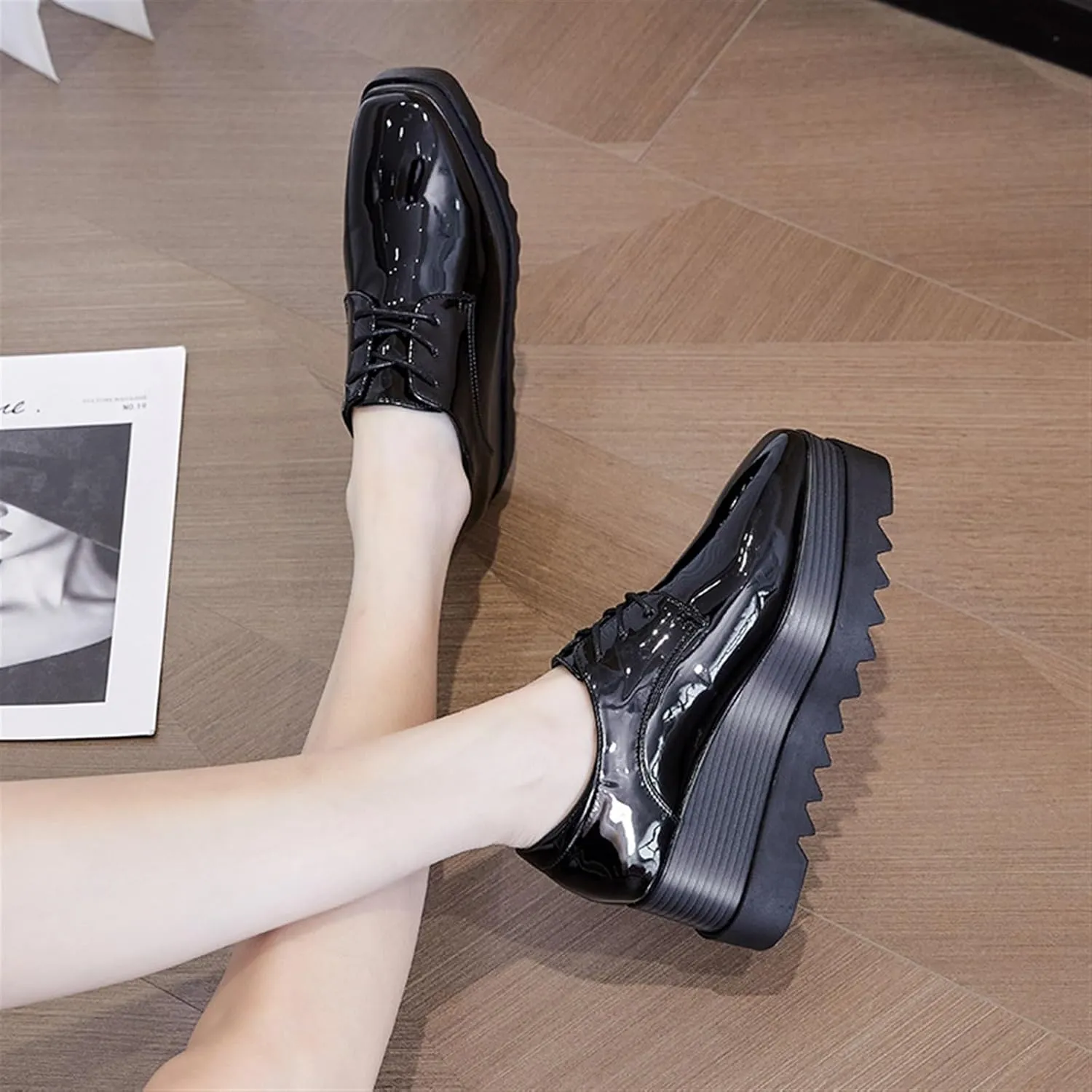 Women's Black Platform Oxford Shoes Comfy Stylish Patent Leather Business Casual Walking Wedges Oxfords Shoes Sneakers