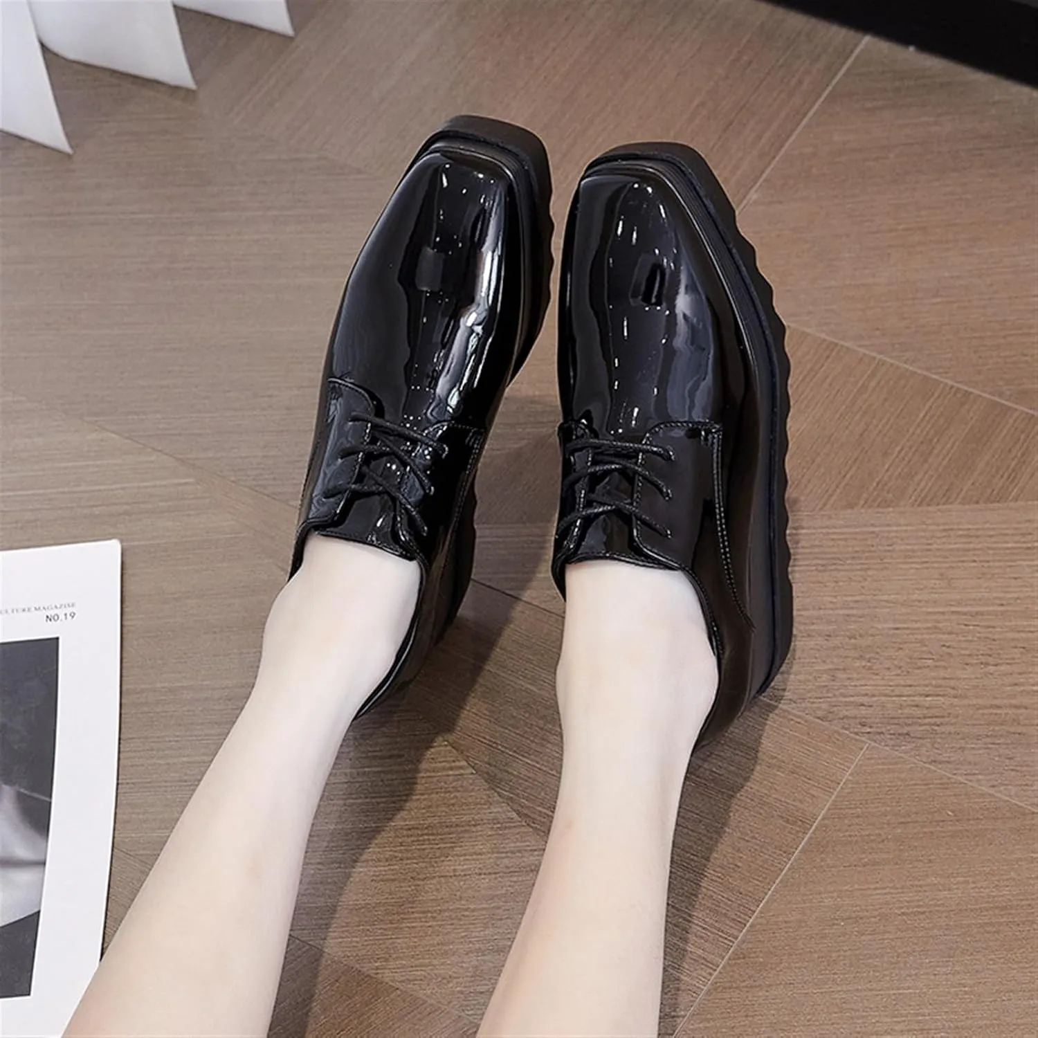 Women's Black Platform Oxford Shoes Comfy Stylish Patent Leather Business Casual Walking Wedges Oxfords Shoes Sneakers