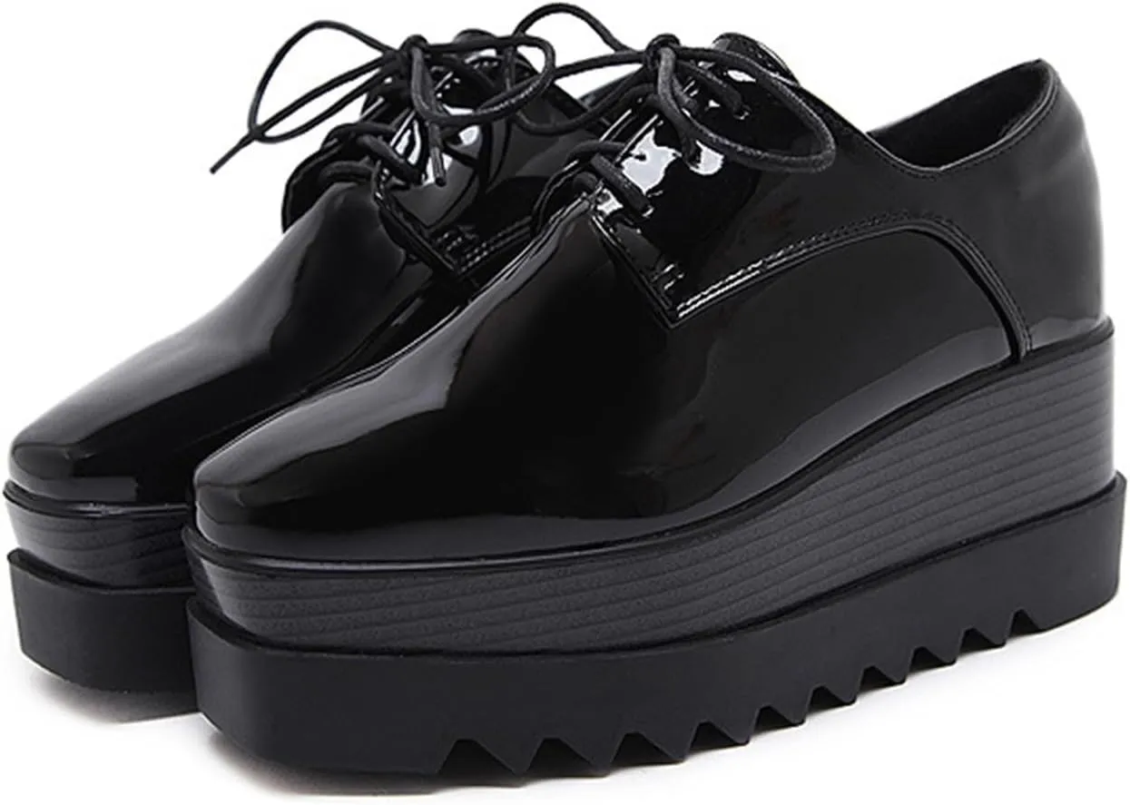 Women's Black Platform Oxford Shoes Comfy Stylish Patent Leather Business Casual Walking Wedges Oxfords Shoes Sneakers