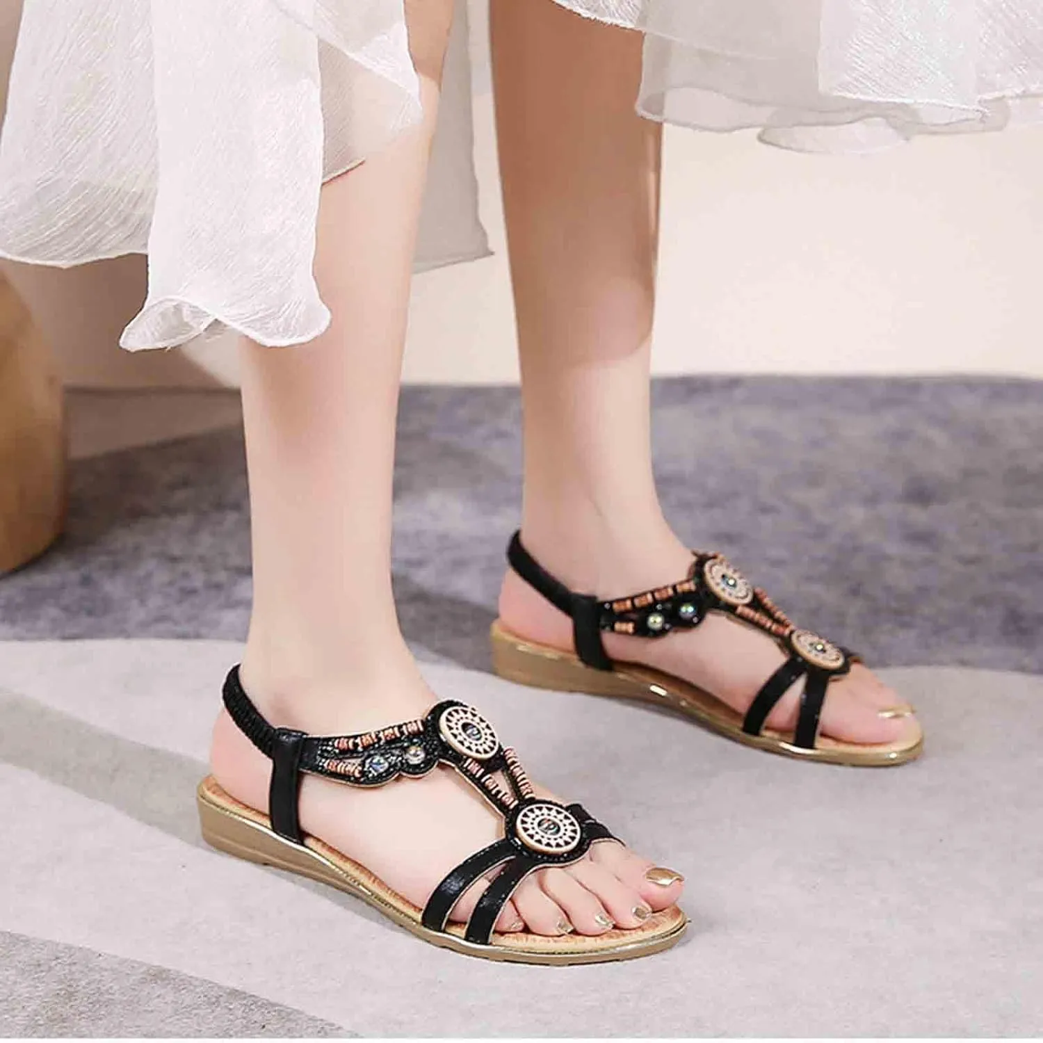 Women's Bohemian Strappy Stylish Sandals Open Toe High Elastic Shoe Anti-Slip Summer Spring Sandal Hawaii Flat