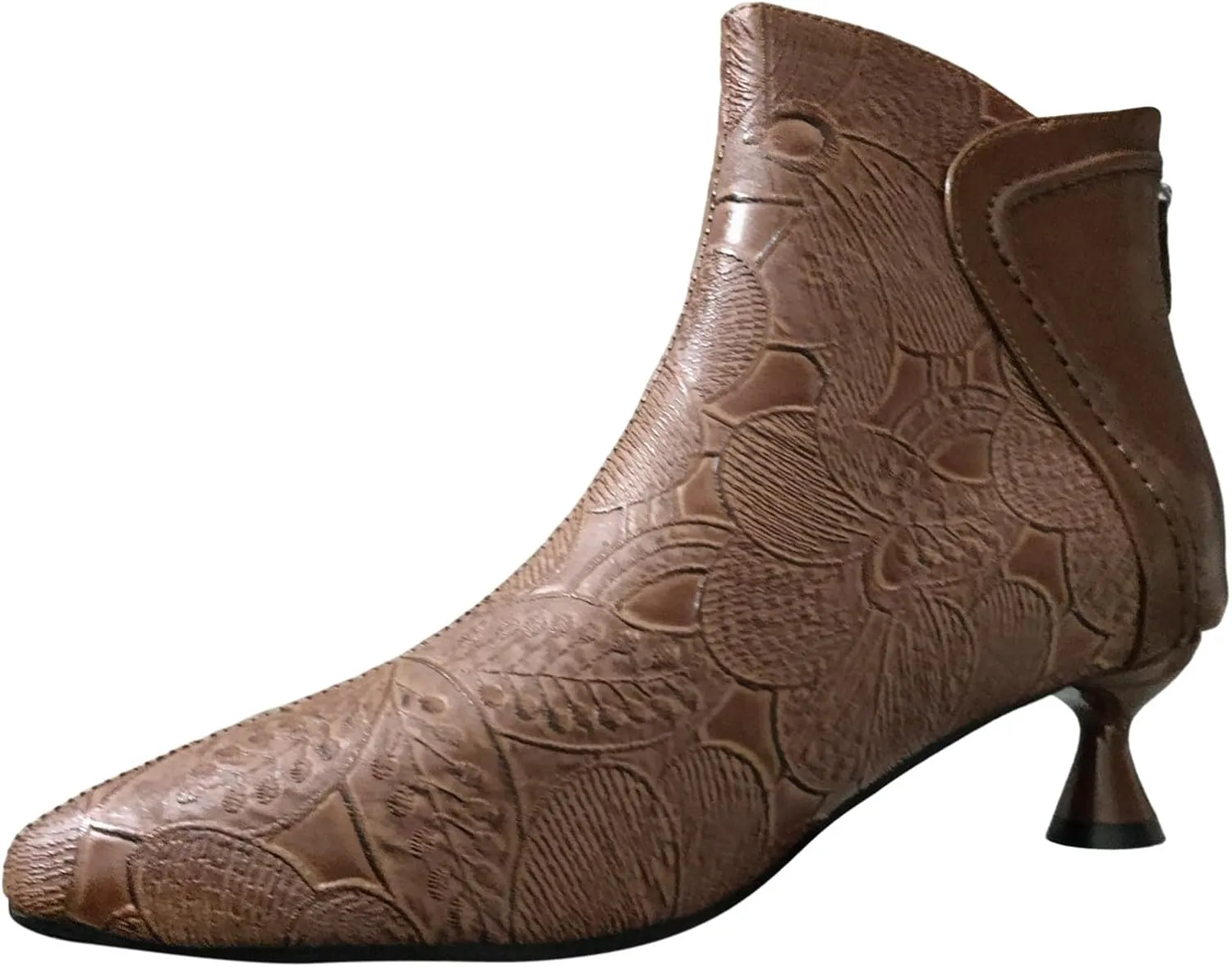 Womens Boots Pointed Toe Back Zipper Chunky Heel Vintage Pattern Women Boots Solid Trendy Elegant Ankle Boots