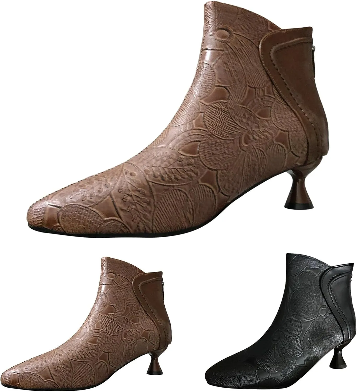Womens Boots Pointed Toe Back Zipper Chunky Heel Vintage Pattern Women Boots Solid Trendy Elegant Ankle Boots