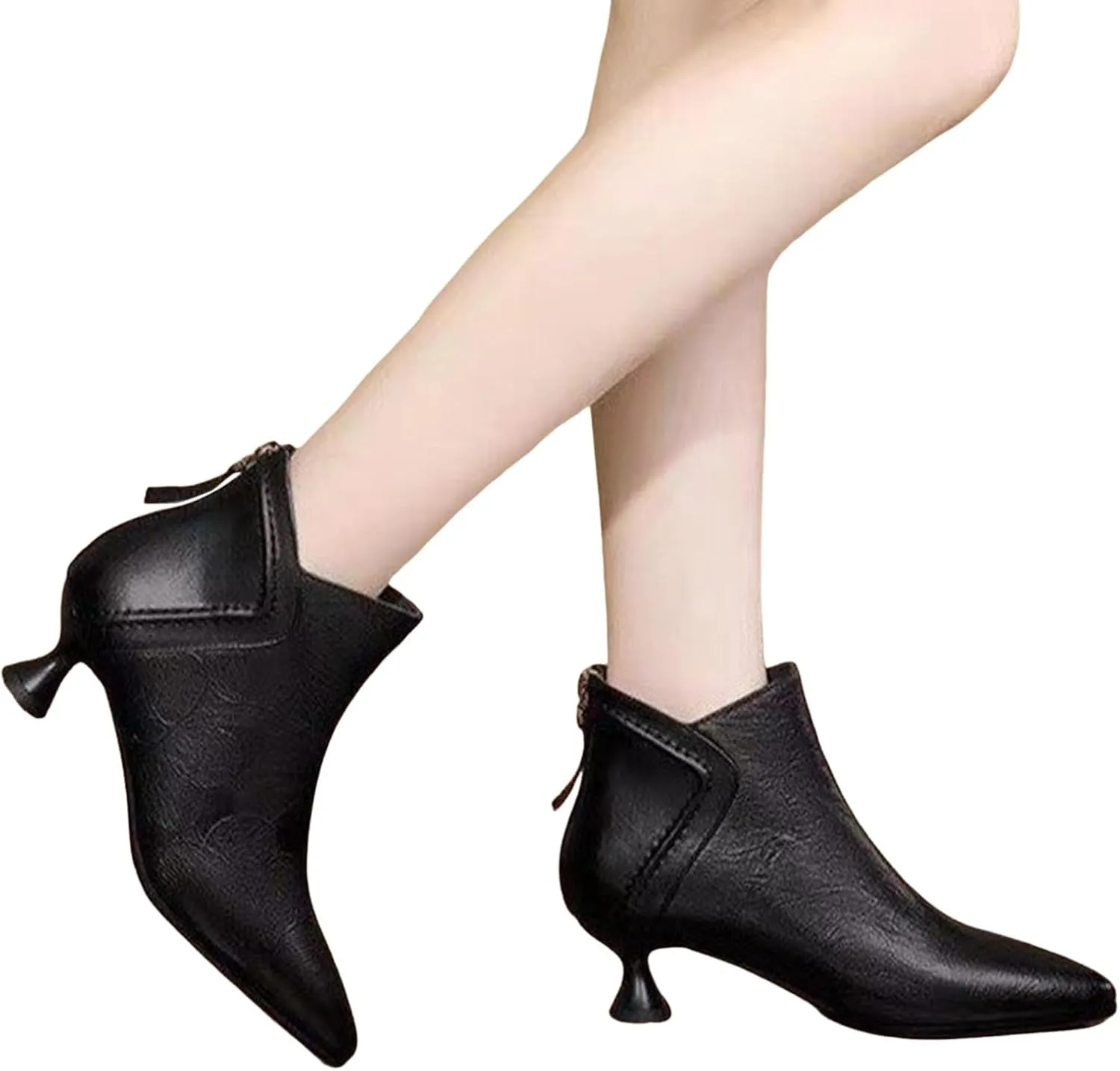 Womens Boots Pointed Toe Back Zipper Chunky Heel Vintage Pattern Women Boots Solid Trendy Elegant Ankle Boots