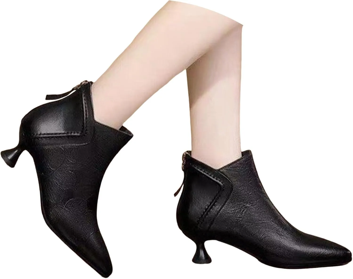 Womens Boots Pointed Toe Back Zipper Chunky Heel Vintage Pattern Women Boots Solid Trendy Elegant Ankle Boots