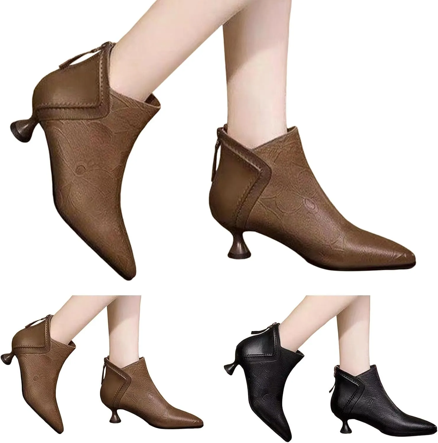 Womens Boots Pointed Toe Back Zipper Chunky Heel Vintage Pattern Women Boots Solid Trendy Elegant Ankle Boots