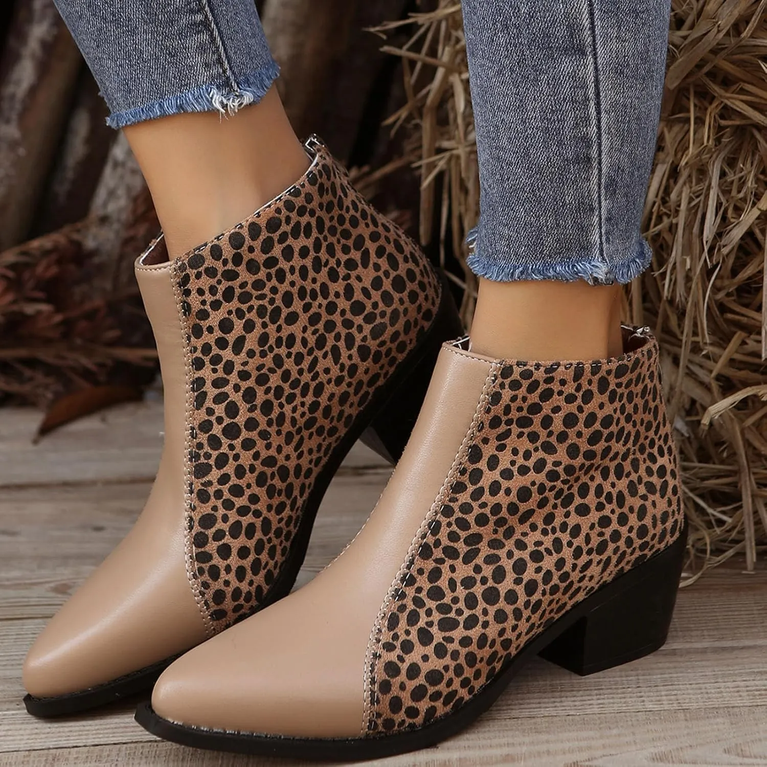 Womens Boots Pointed Toe Block Heel Leopard Trendy Cowgirl Boots Back Zipper Color Block Casual Ankle Boots