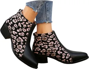 Womens Boots Pointed Toe Block Heel Leopard Trendy Cowgirl Boots Back Zipper Color Block Casual Ankle Boots