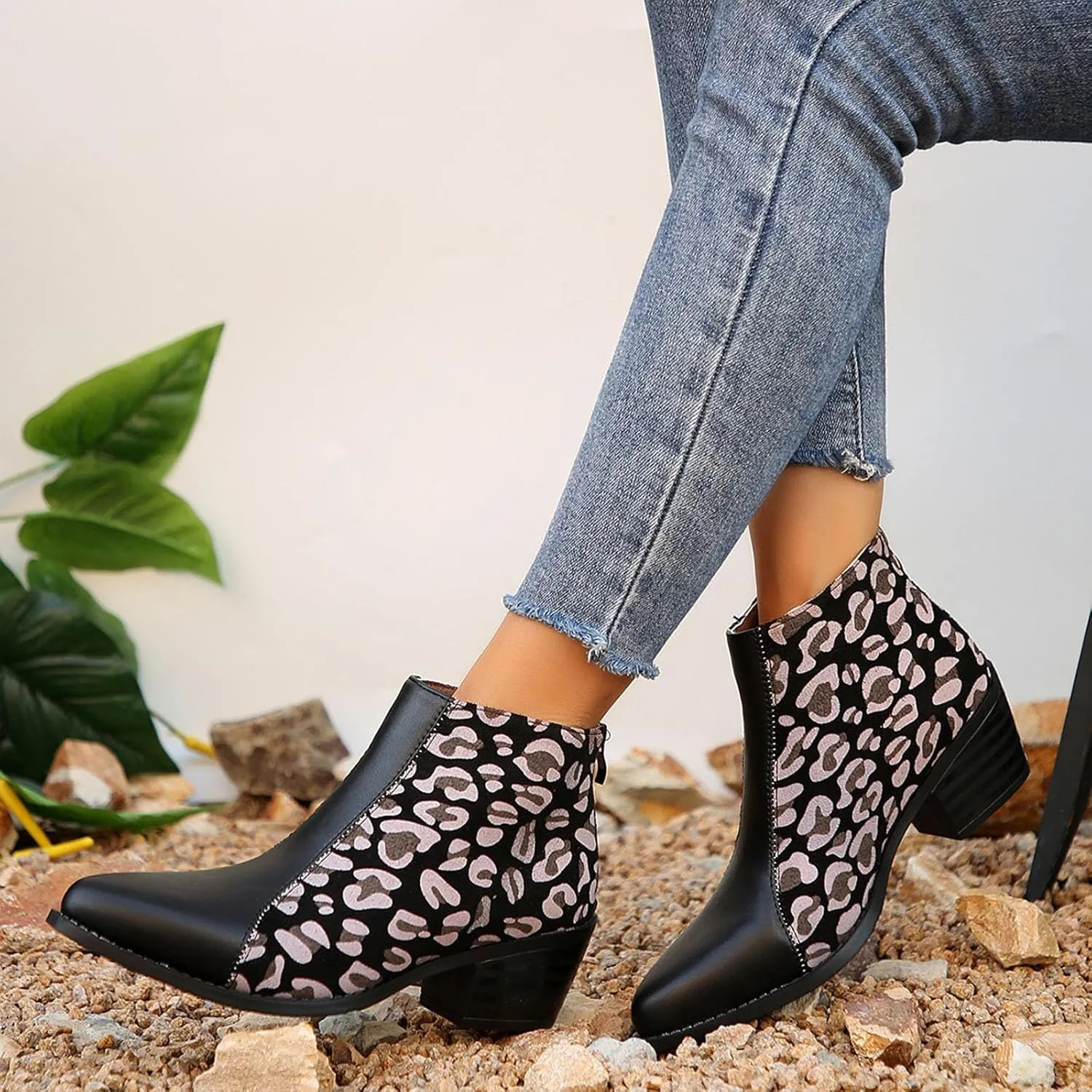 Womens Boots Pointed Toe Block Heel Leopard Trendy Cowgirl Boots Back Zipper Color Block Casual Ankle Boots