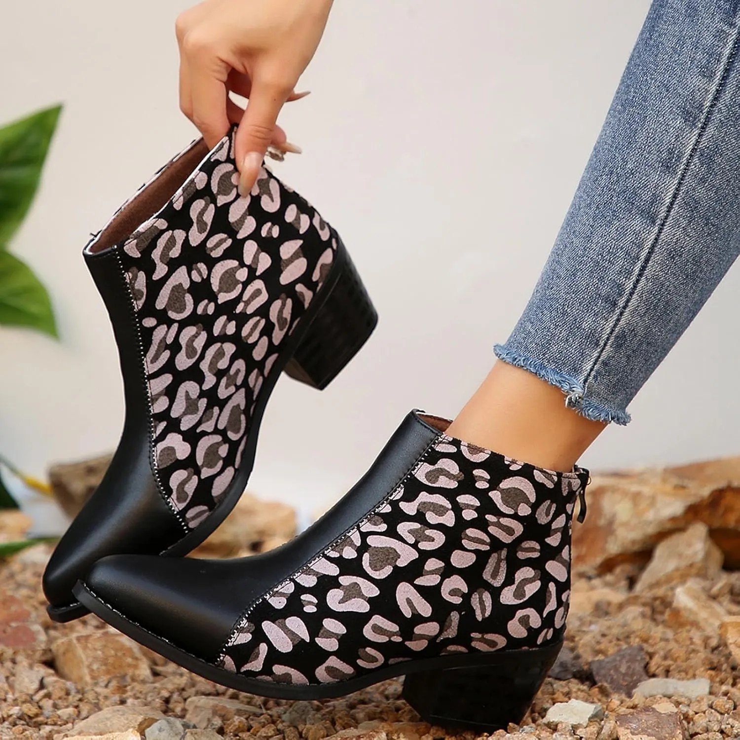 Womens Boots Pointed Toe Block Heel Leopard Trendy Cowgirl Boots Back Zipper Color Block Casual Ankle Boots