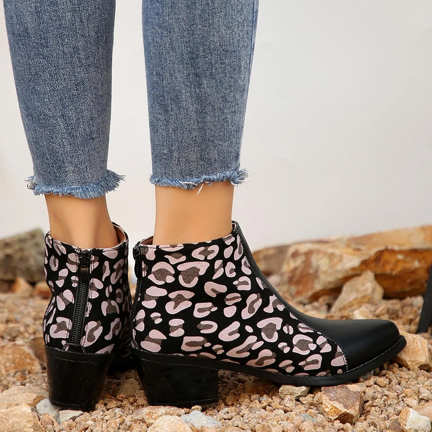 Womens Boots Pointed Toe Block Heel Leopard Trendy Cowgirl Boots Back Zipper Color Block Casual Ankle Boots