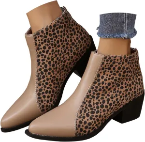 Womens Boots Pointed Toe Block Heel Leopard Trendy Cowgirl Boots Back Zipper Color Block Casual Ankle Boots