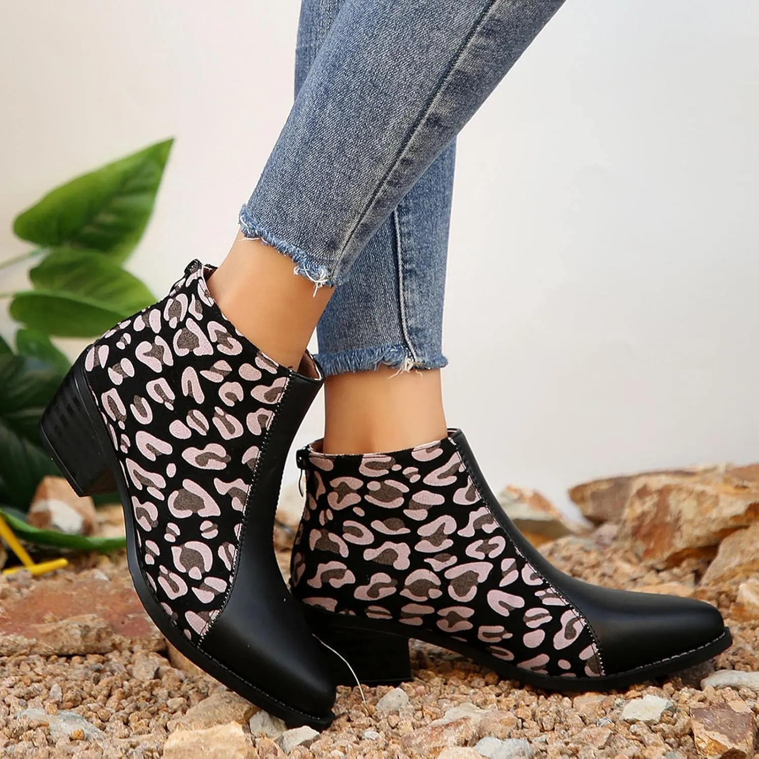 Womens Boots Pointed Toe Block Heel Leopard Trendy Cowgirl Boots Back Zipper Color Block Casual Ankle Boots