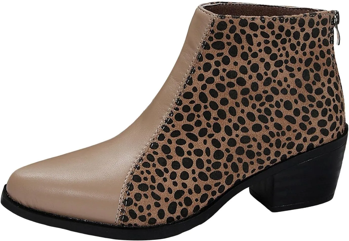 Womens Boots Pointed Toe Block Heel Leopard Trendy Cowgirl Boots Back Zipper Color Block Casual Ankle Boots