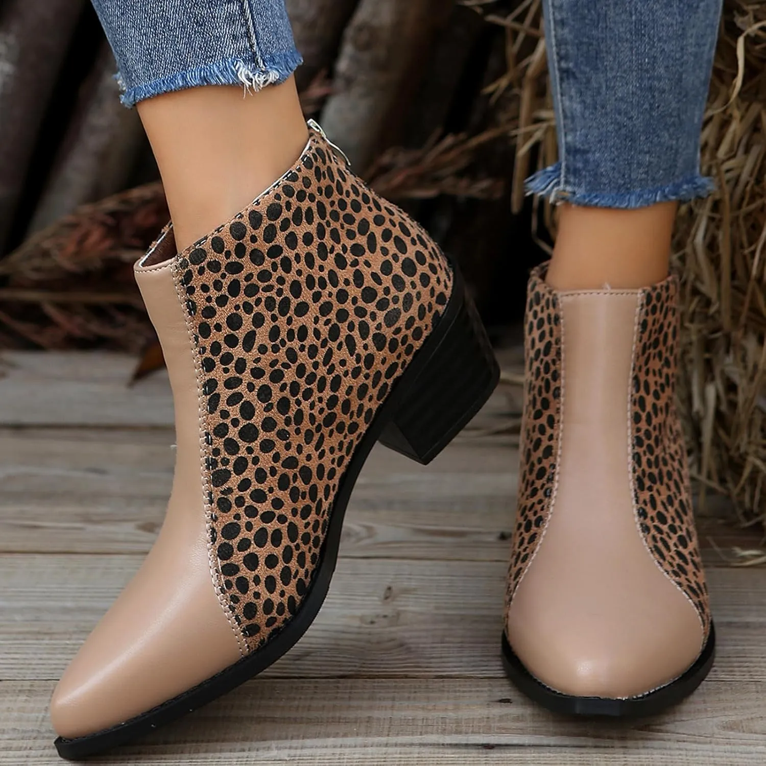 Womens Boots Pointed Toe Block Heel Leopard Trendy Cowgirl Boots Back Zipper Color Block Casual Ankle Boots
