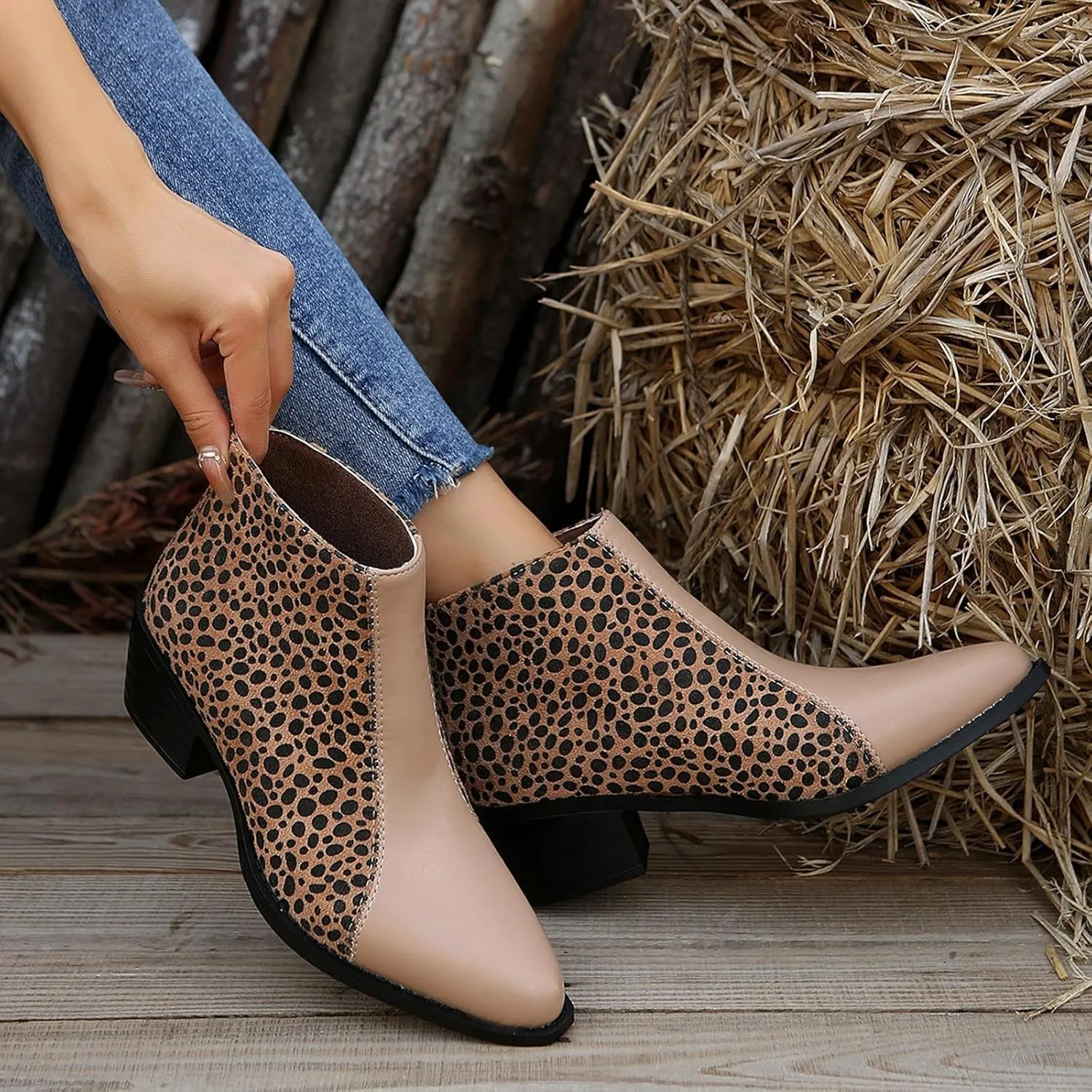 Womens Boots Pointed Toe Block Heel Leopard Trendy Cowgirl Boots Back Zipper Color Block Casual Ankle Boots