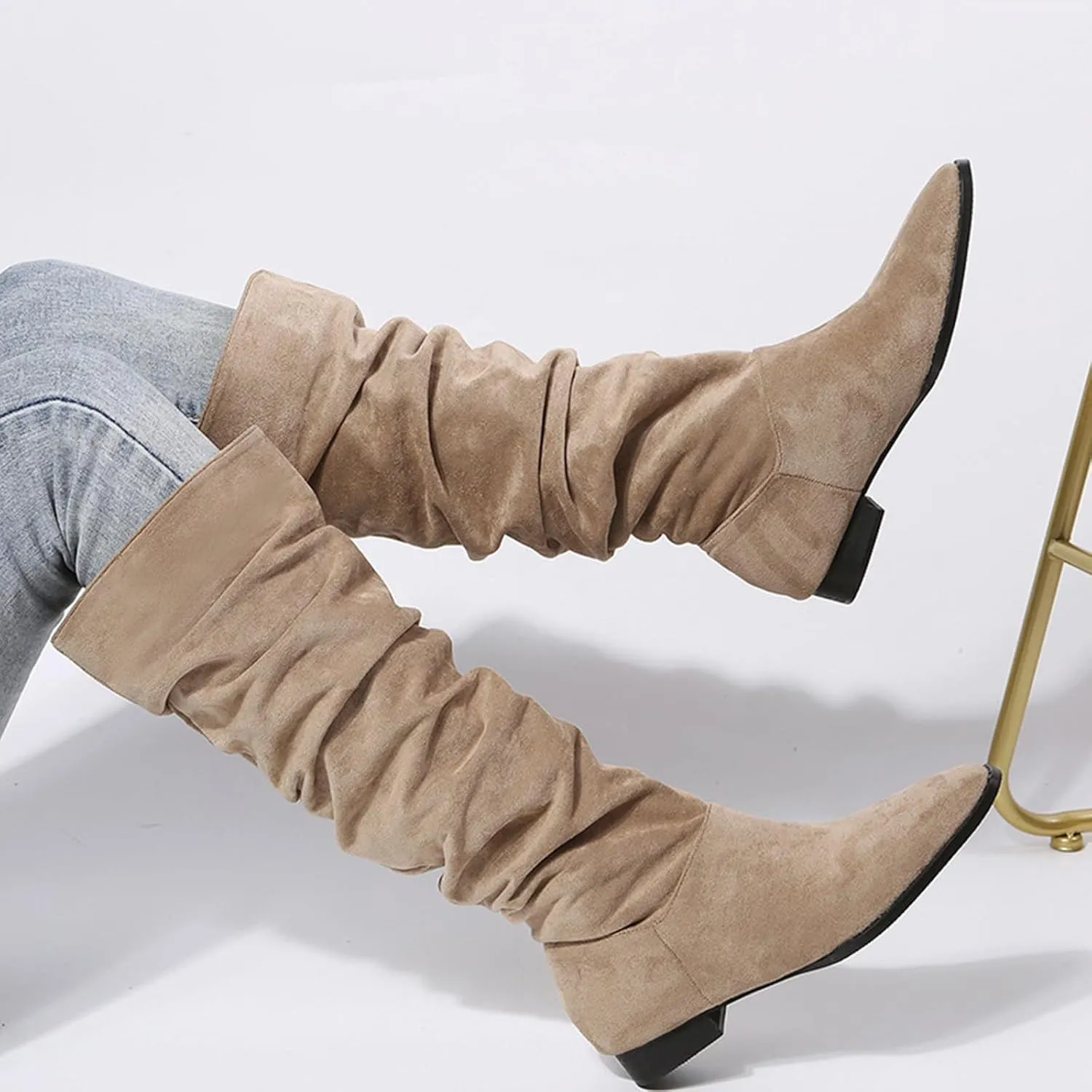 Womens Boots Pointed Toe Chunky Heel Pleated Knee High Boots Solid Color Trendy Outdoor Comfortable Boots for Women