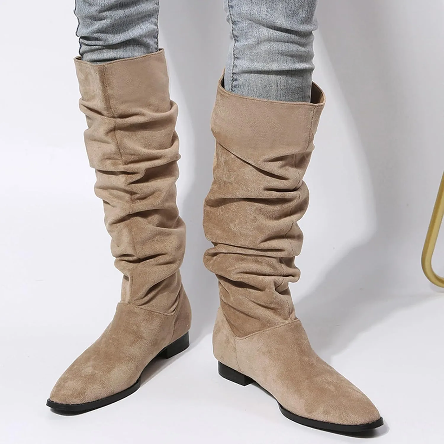 Womens Boots Pointed Toe Chunky Heel Pleated Knee High Boots Solid Color Trendy Outdoor Comfortable Boots for Women