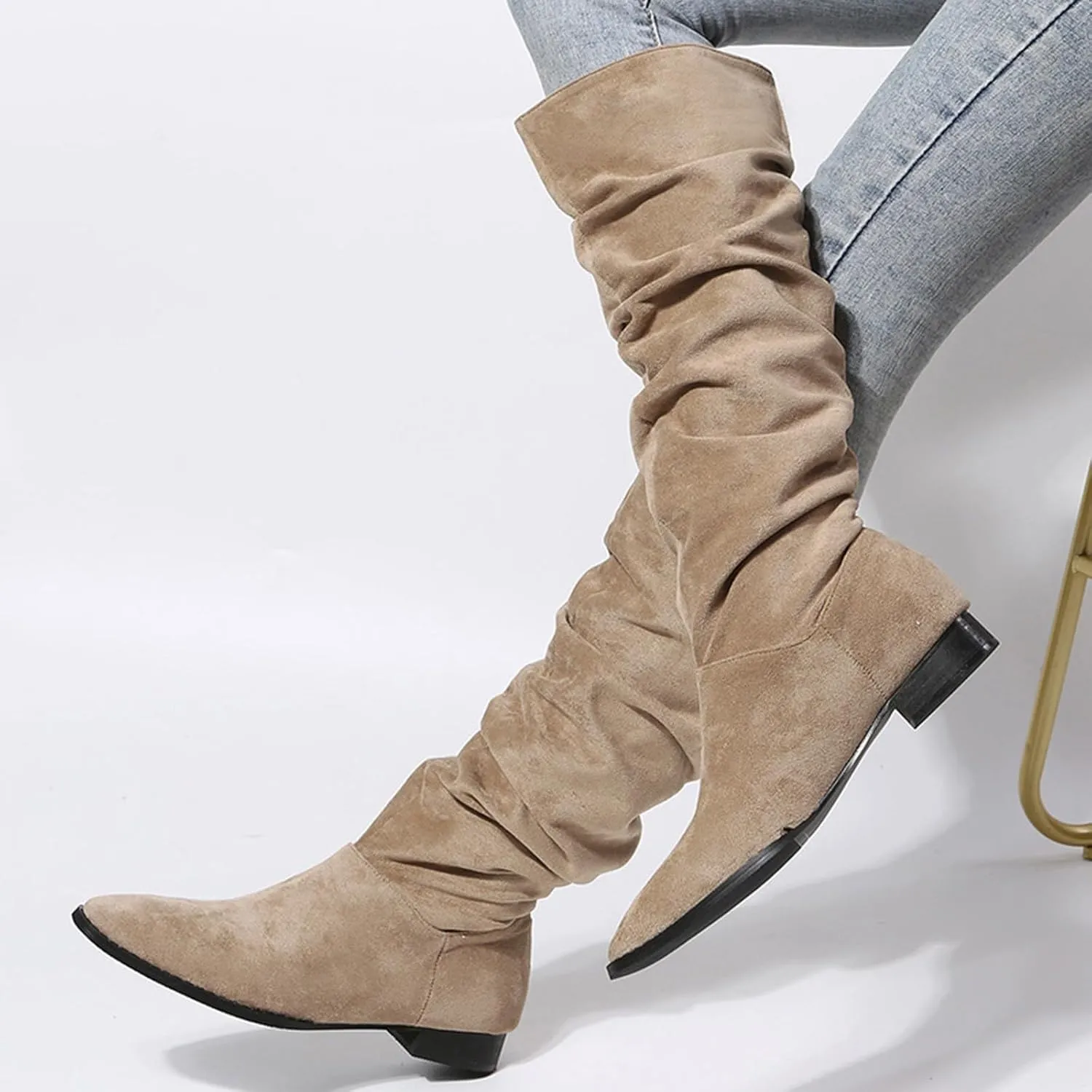 Womens Boots Pointed Toe Chunky Heel Pleated Knee High Boots Solid Color Trendy Outdoor Comfortable Boots for Women