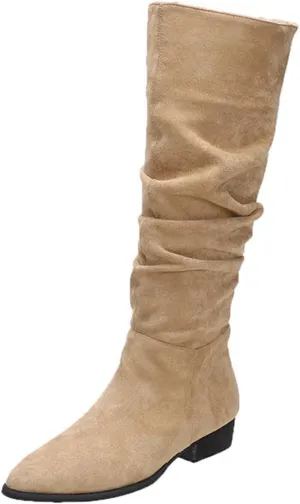 Womens Boots Pointed Toe Chunky Heel Pleated Knee High Boots Solid Color Trendy Outdoor Comfortable Boots for Women