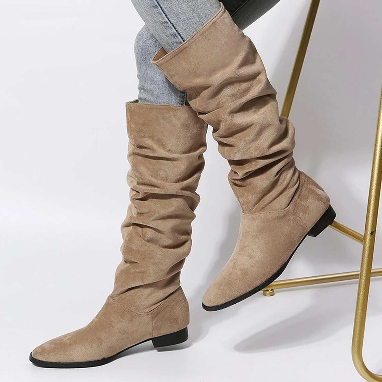 Womens Boots Pointed Toe Chunky Heel Pleated Knee High Boots Solid Color Trendy Outdoor Comfortable Boots for Women
