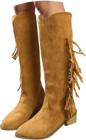 Womens Boots Pointed Toe Chunky Heel Tassel Knee High Boots Solid Color Trendy Outdoor Comfortable Boots for Women