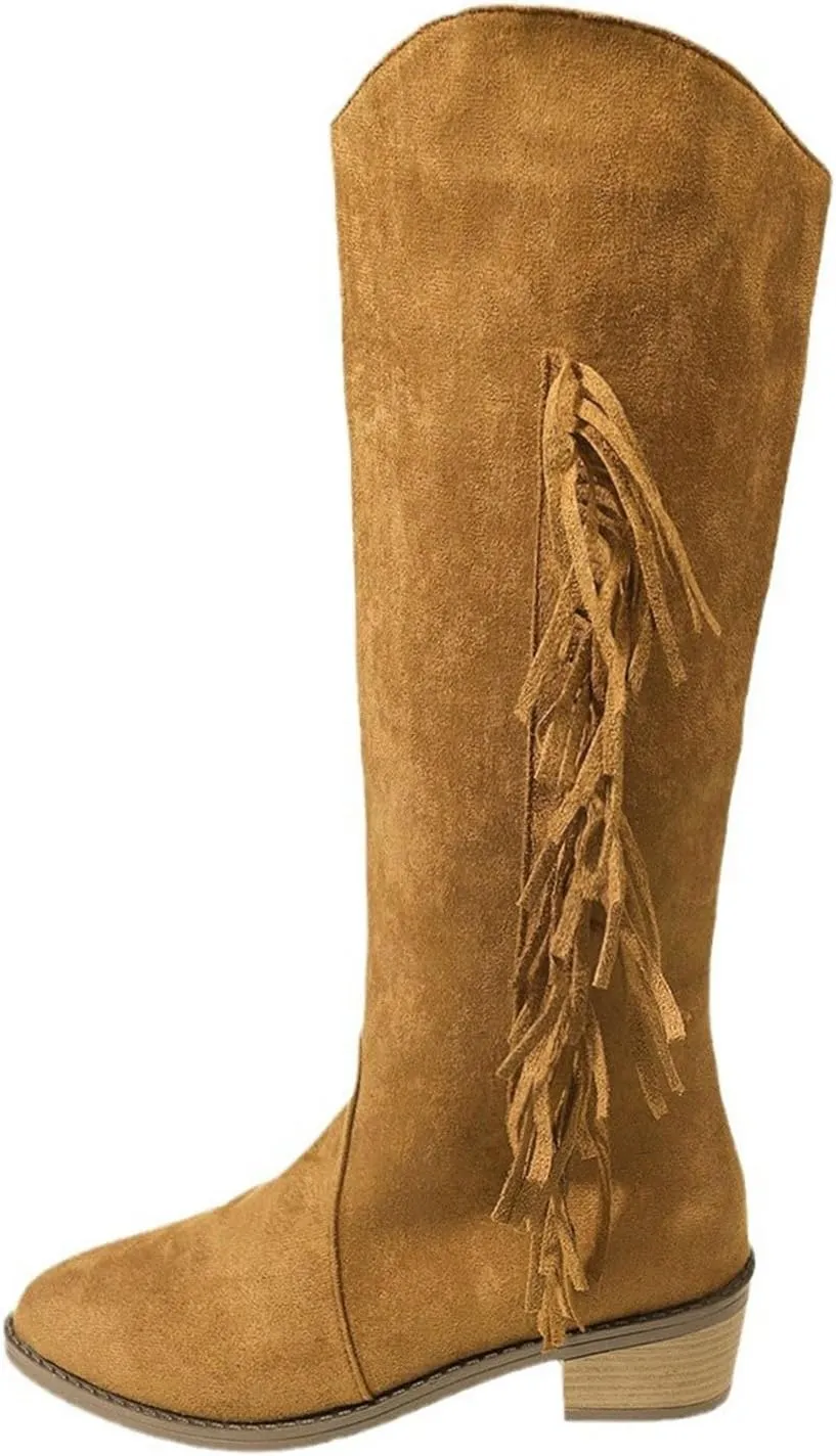 Womens Boots Pointed Toe Chunky Heel Tassel Knee High Boots Solid Color Trendy Outdoor Comfortable Boots for Women