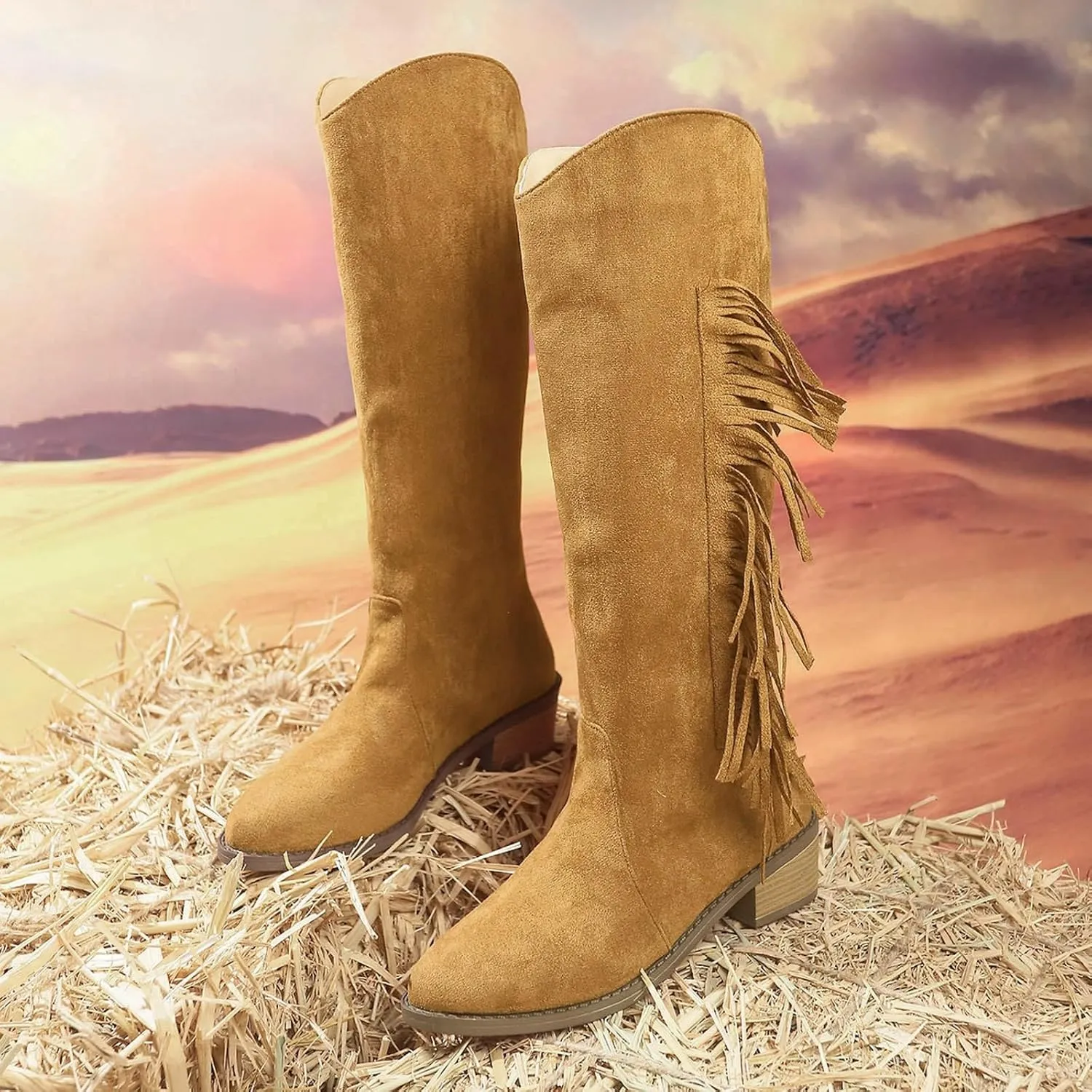Womens Boots Pointed Toe Chunky Heel Tassel Knee High Boots Solid Color Trendy Outdoor Comfortable Boots for Women