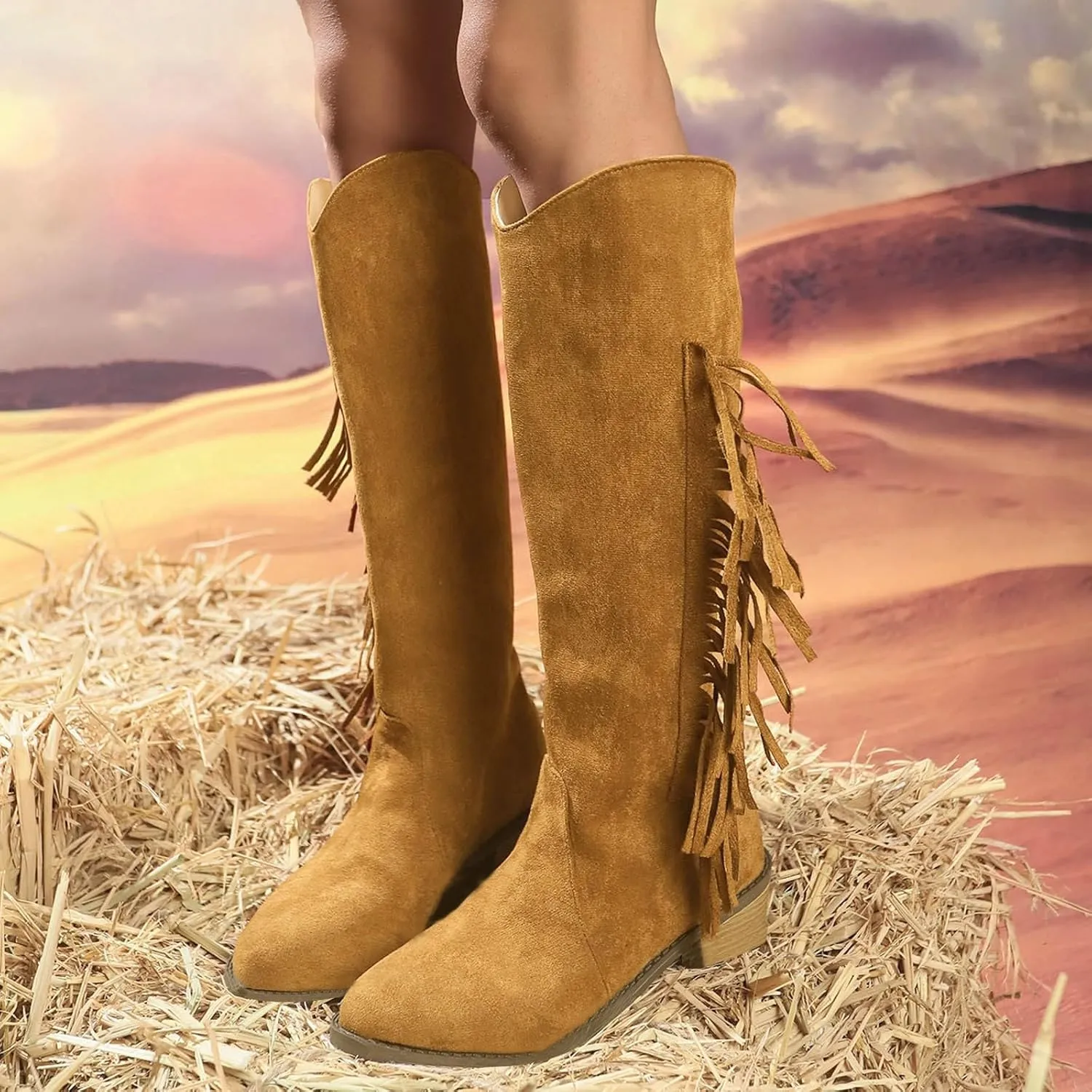 Womens Boots Pointed Toe Chunky Heel Tassel Knee High Boots Solid Color Trendy Outdoor Comfortable Boots for Women
