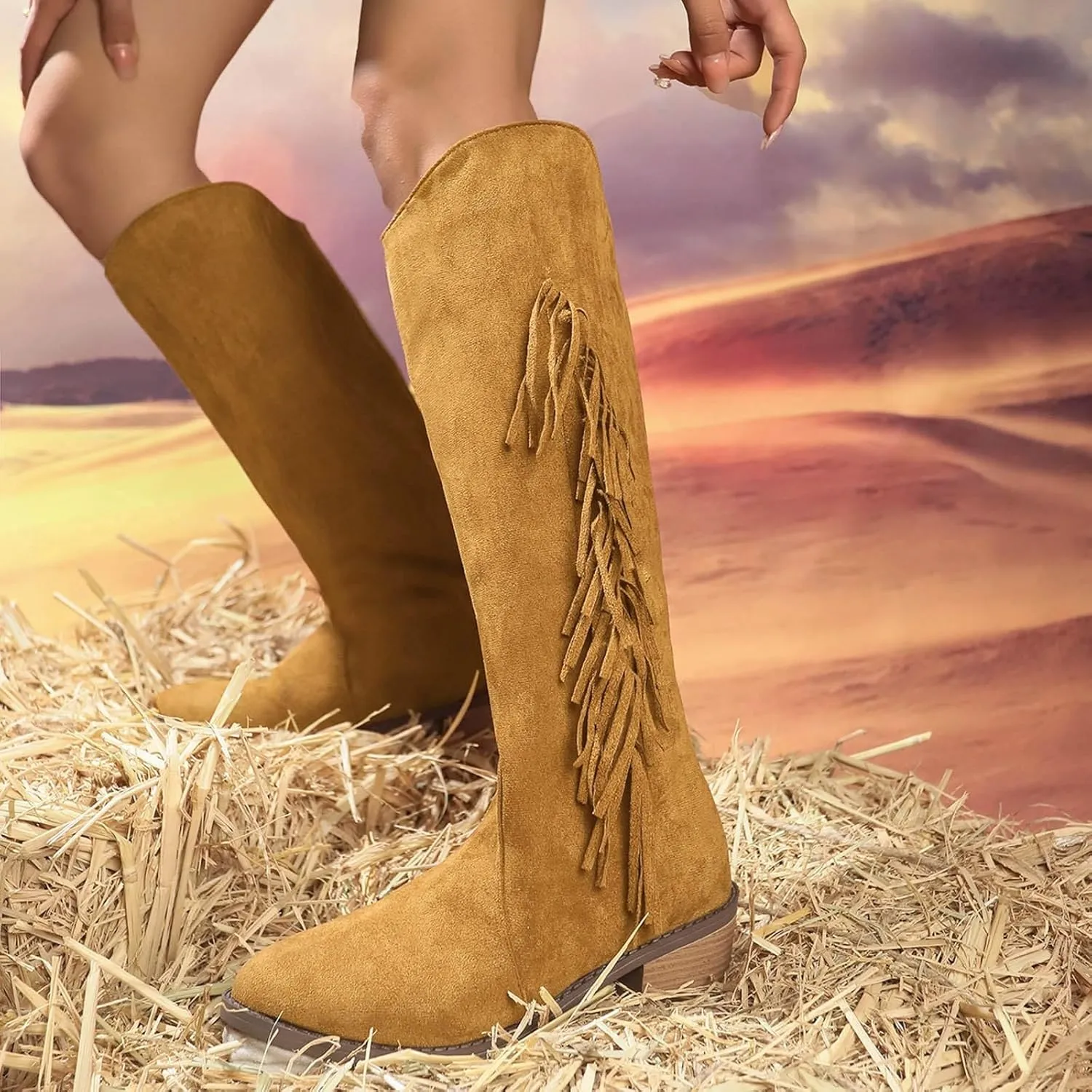 Womens Boots Pointed Toe Chunky Heel Tassel Knee High Boots Solid Color Trendy Outdoor Comfortable Boots for Women