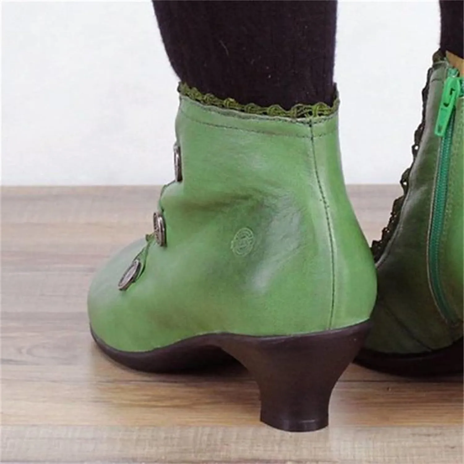 Womens Boots Pointed Toe Floral Lace Buckle Chunky Heel Vintage Women Boots Solid Trendy Elegant Ankle Boots