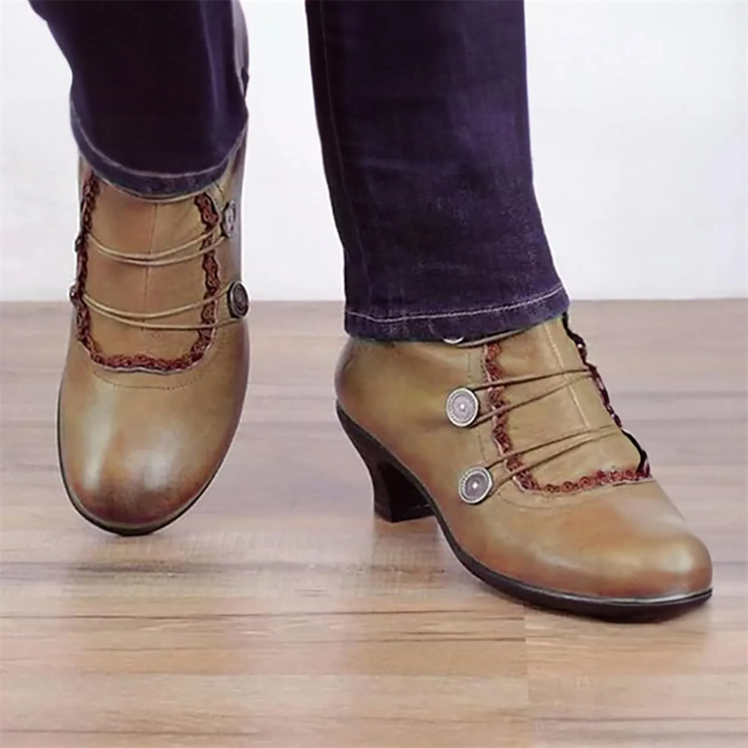 Womens Boots Pointed Toe Floral Lace Buckle Chunky Heel Vintage Women Boots Solid Trendy Elegant Ankle Boots