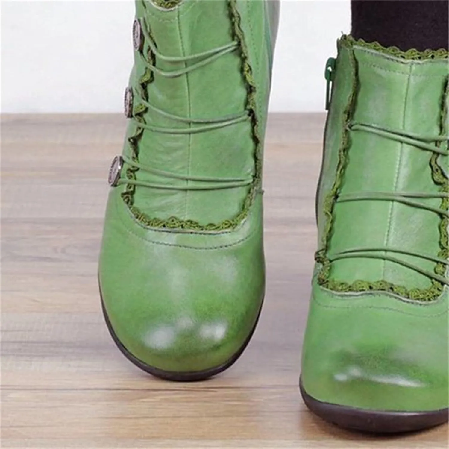 Womens Boots Pointed Toe Floral Lace Buckle Chunky Heel Vintage Women Boots Solid Trendy Elegant Ankle Boots