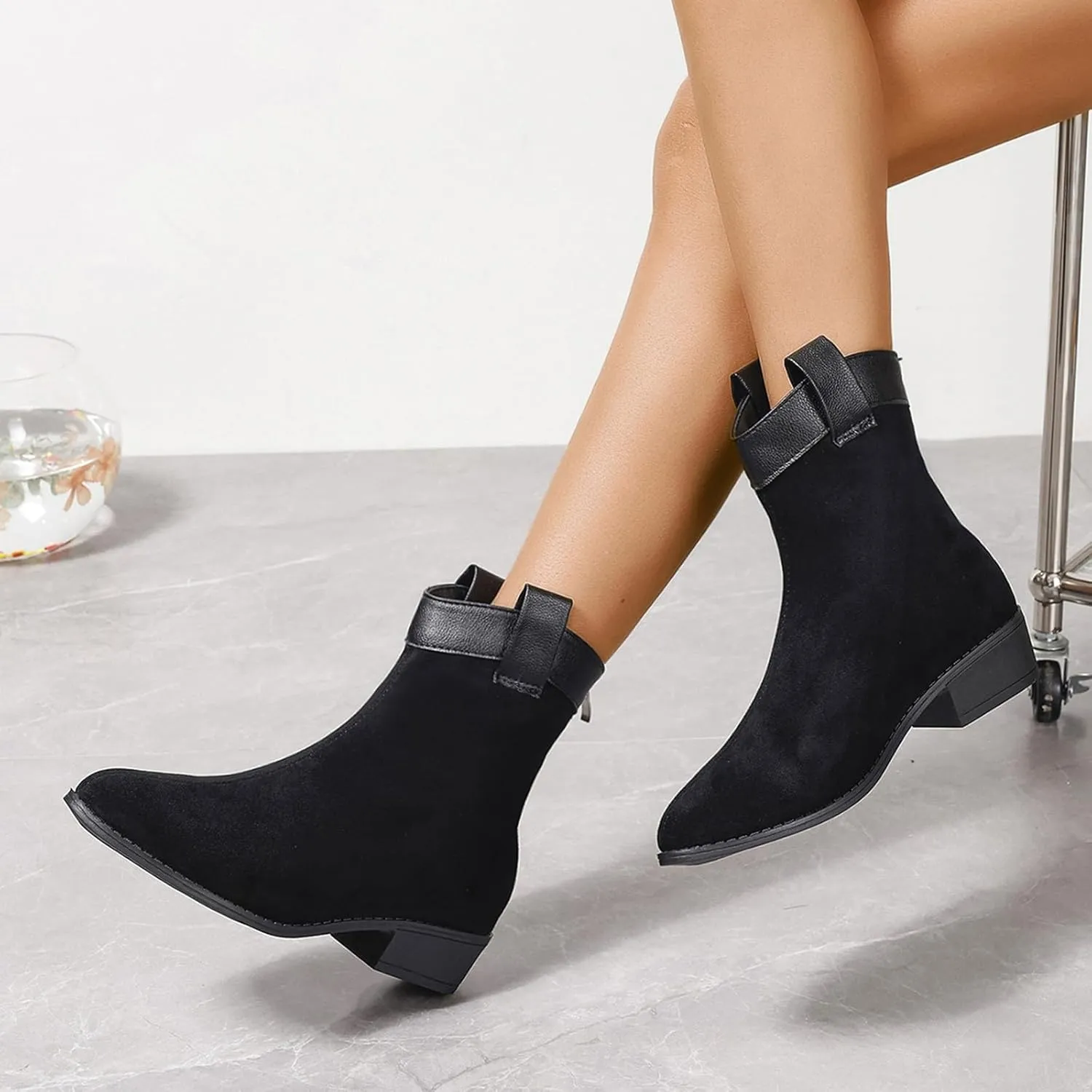 Womens Boots Pointed Toe Side Zipper Solid Trendy Cowgirl Boots Shallow Cut Chunky Heel Vintage Ankle Boots