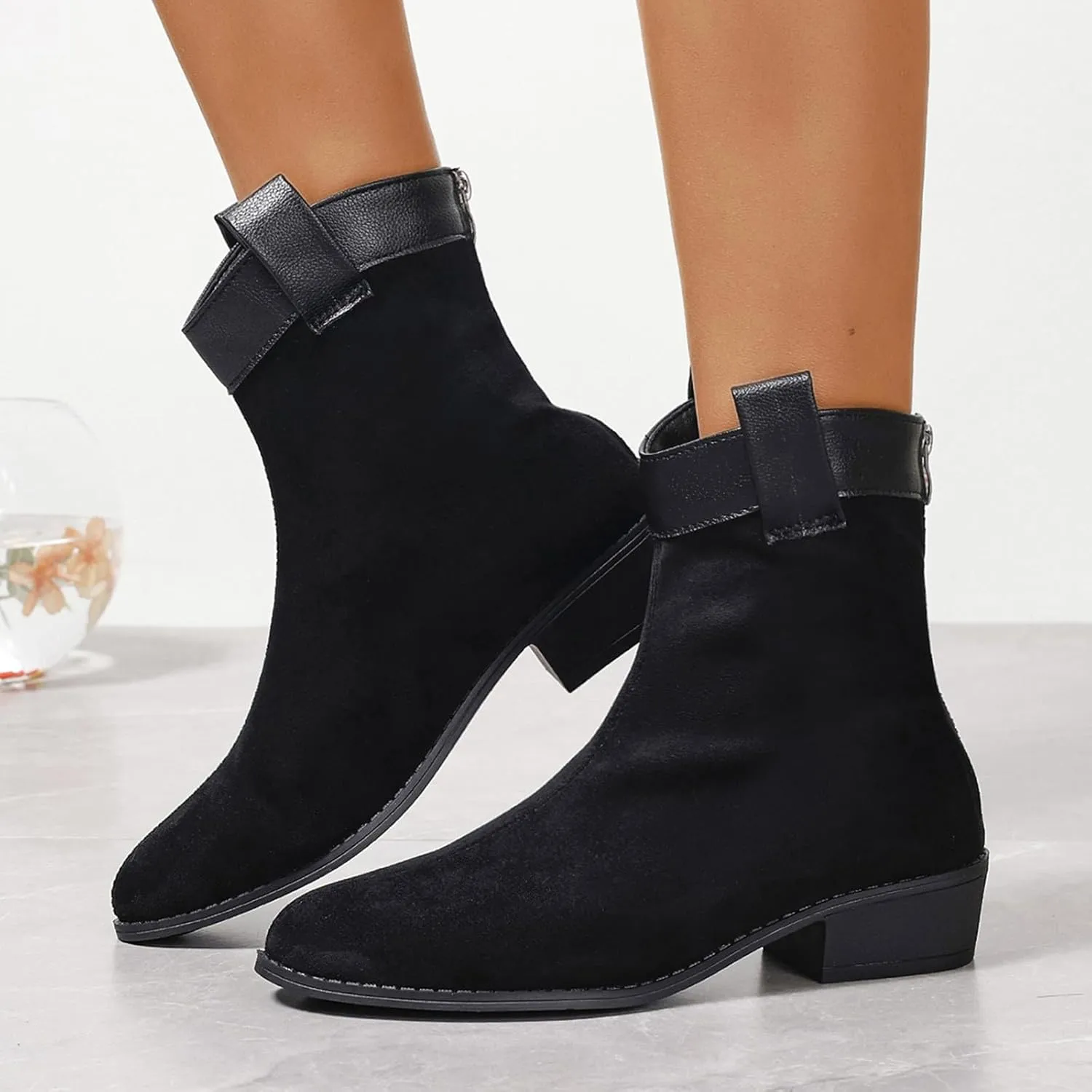 Womens Boots Pointed Toe Side Zipper Solid Trendy Cowgirl Boots Shallow Cut Chunky Heel Vintage Ankle Boots