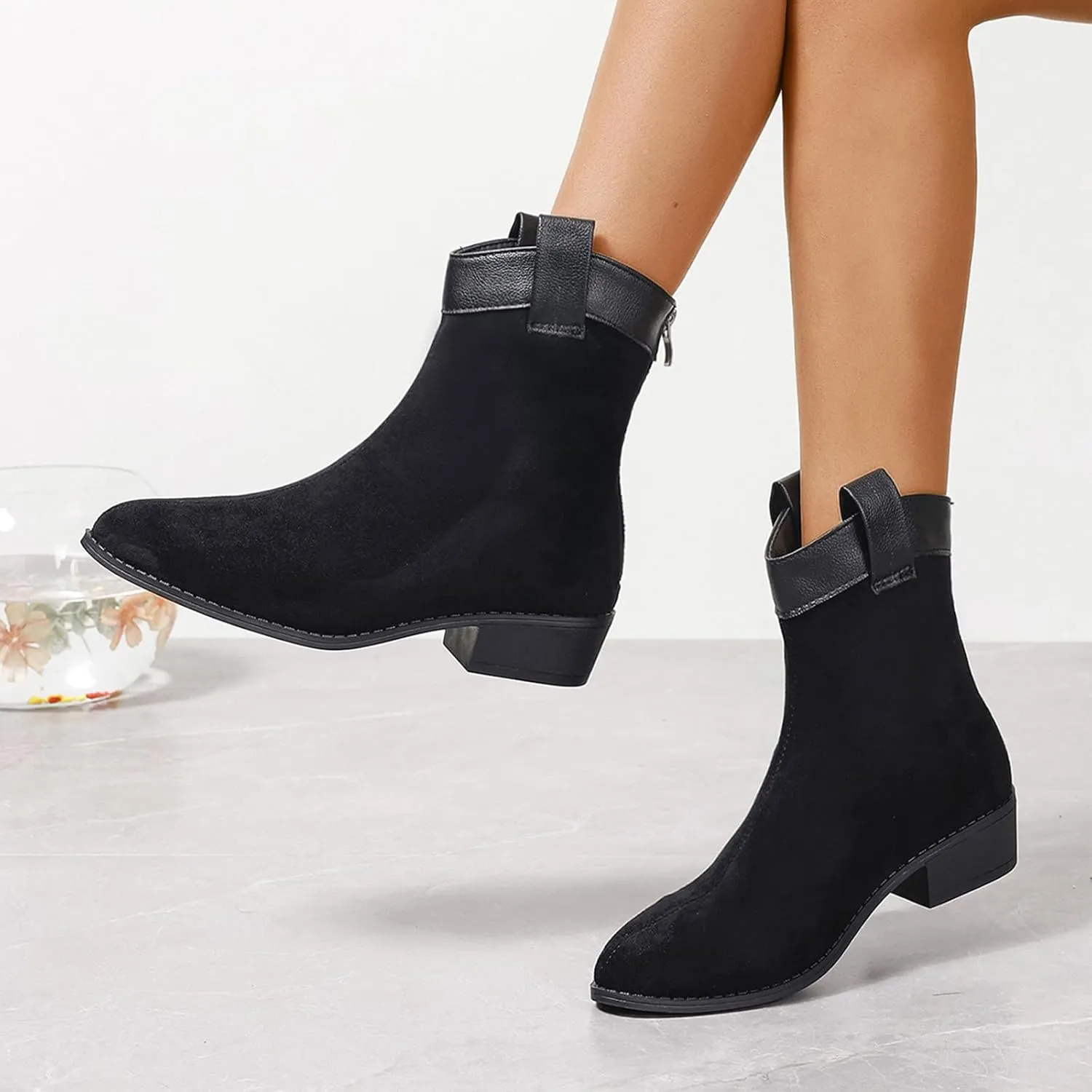 Womens Boots Pointed Toe Side Zipper Solid Trendy Cowgirl Boots Shallow Cut Chunky Heel Vintage Ankle Boots