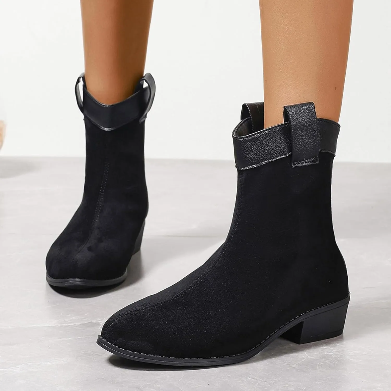 Womens Boots Pointed Toe Side Zipper Solid Trendy Cowgirl Boots Shallow Cut Chunky Heel Vintage Ankle Boots
