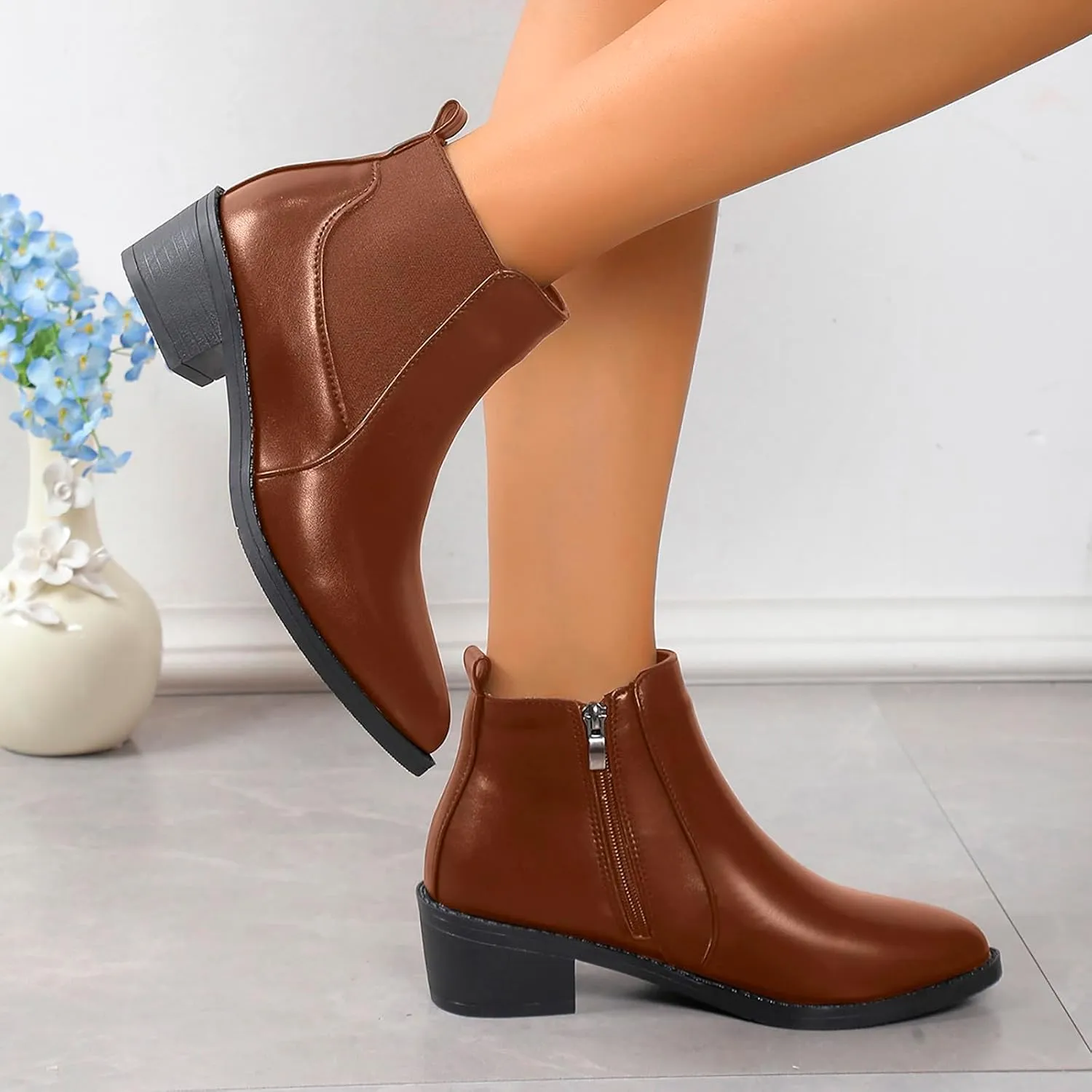 Womens Boots Pointed Toe Square Heel Solid Vintage Comfort Cowgirl Boots Side Zipper Trendy Elegant Ankle Boots