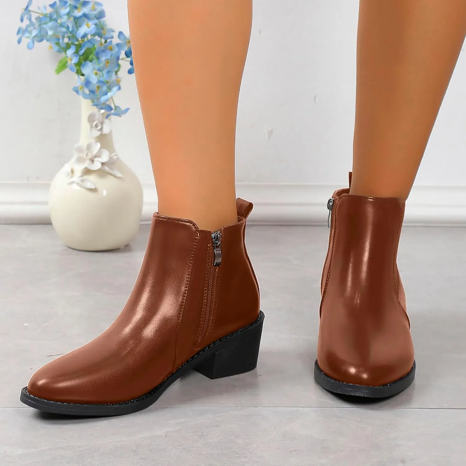Womens Boots Pointed Toe Square Heel Solid Vintage Comfort Cowgirl Boots Side Zipper Trendy Elegant Ankle Boots