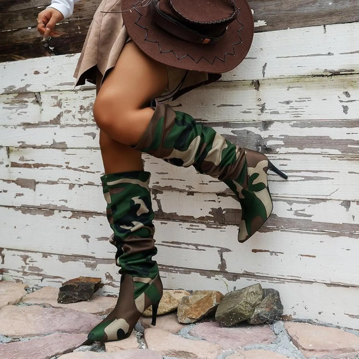 Womens Boots Pointed Toe Stiletto Pleated Camouflage Knee High Boots Casual Trendy Colorblock Boots for Women