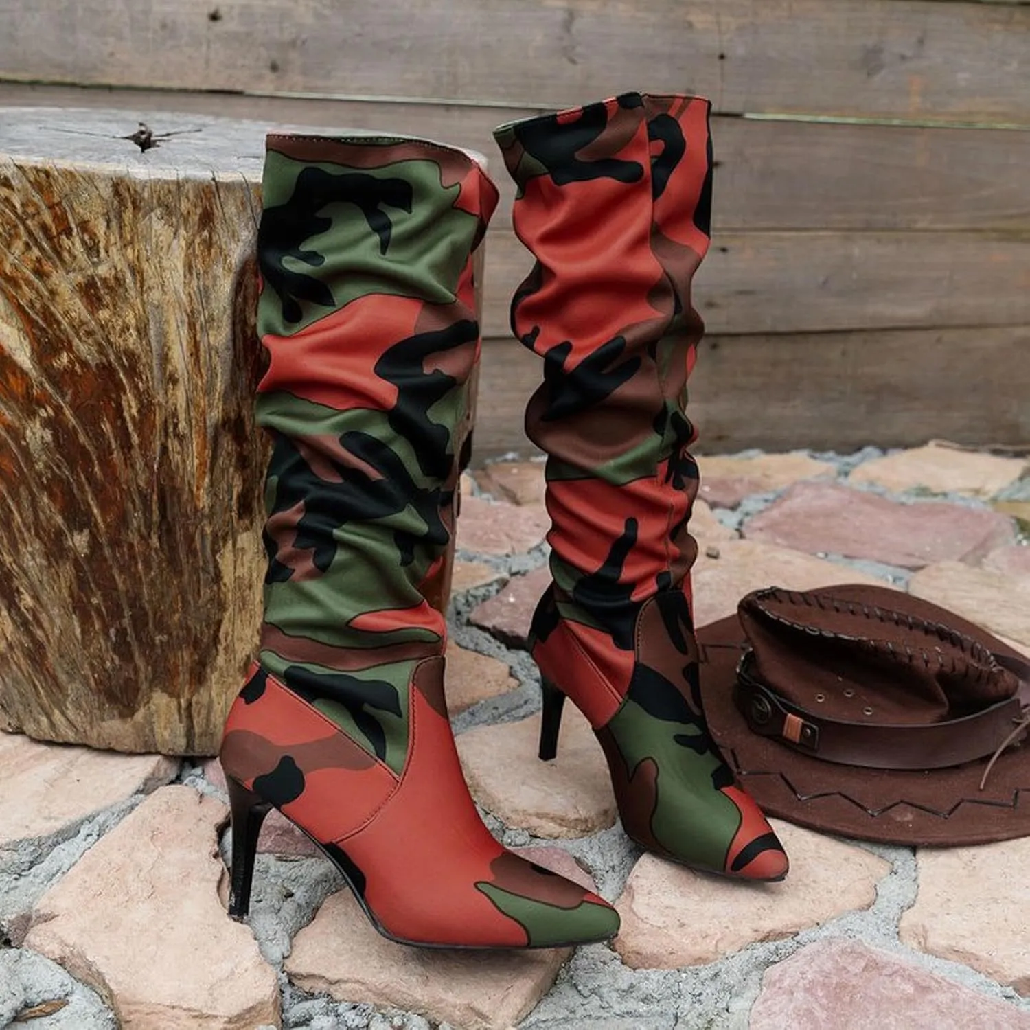 Womens Boots Pointed Toe Stiletto Pleated Camouflage Knee High Boots Casual Trendy Colorblock Boots for Women