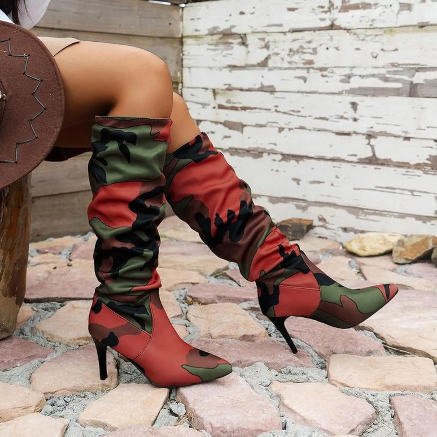 Womens Boots Pointed Toe Stiletto Pleated Camouflage Knee High Boots Casual Trendy Colorblock Boots for Women