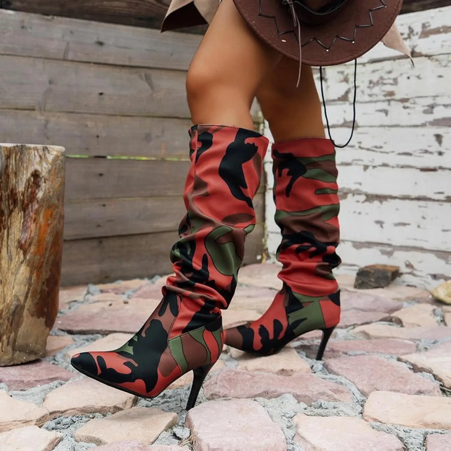 Womens Boots Pointed Toe Stiletto Pleated Camouflage Knee High Boots Casual Trendy Colorblock Boots for Women