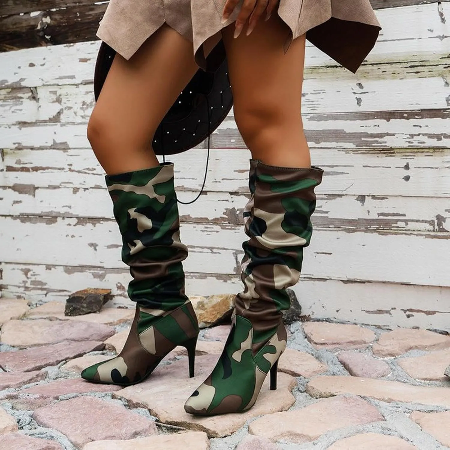 Womens Boots Pointed Toe Stiletto Pleated Camouflage Knee High Boots Casual Trendy Colorblock Boots for Women