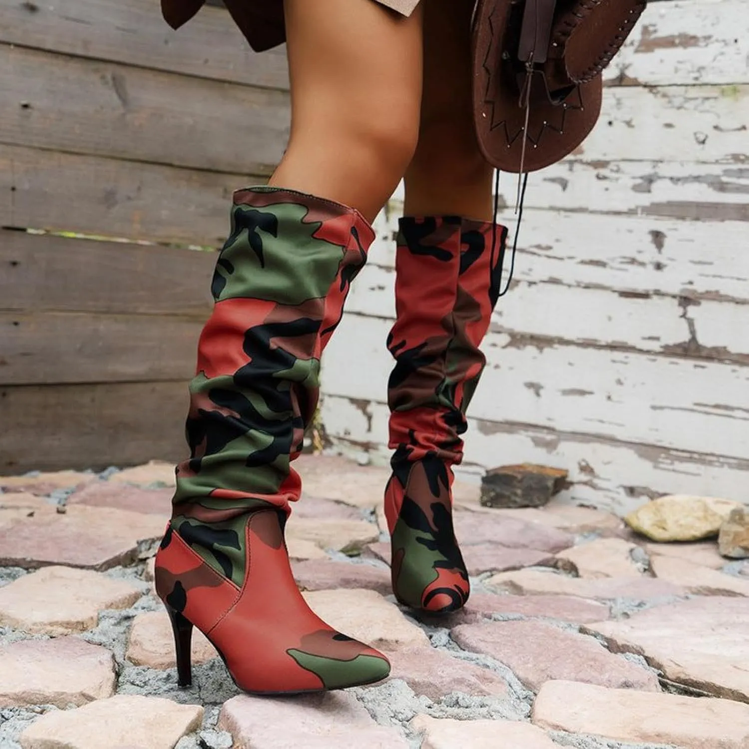 Womens Boots Pointed Toe Stiletto Pleated Camouflage Knee High Boots Casual Trendy Colorblock Boots for Women