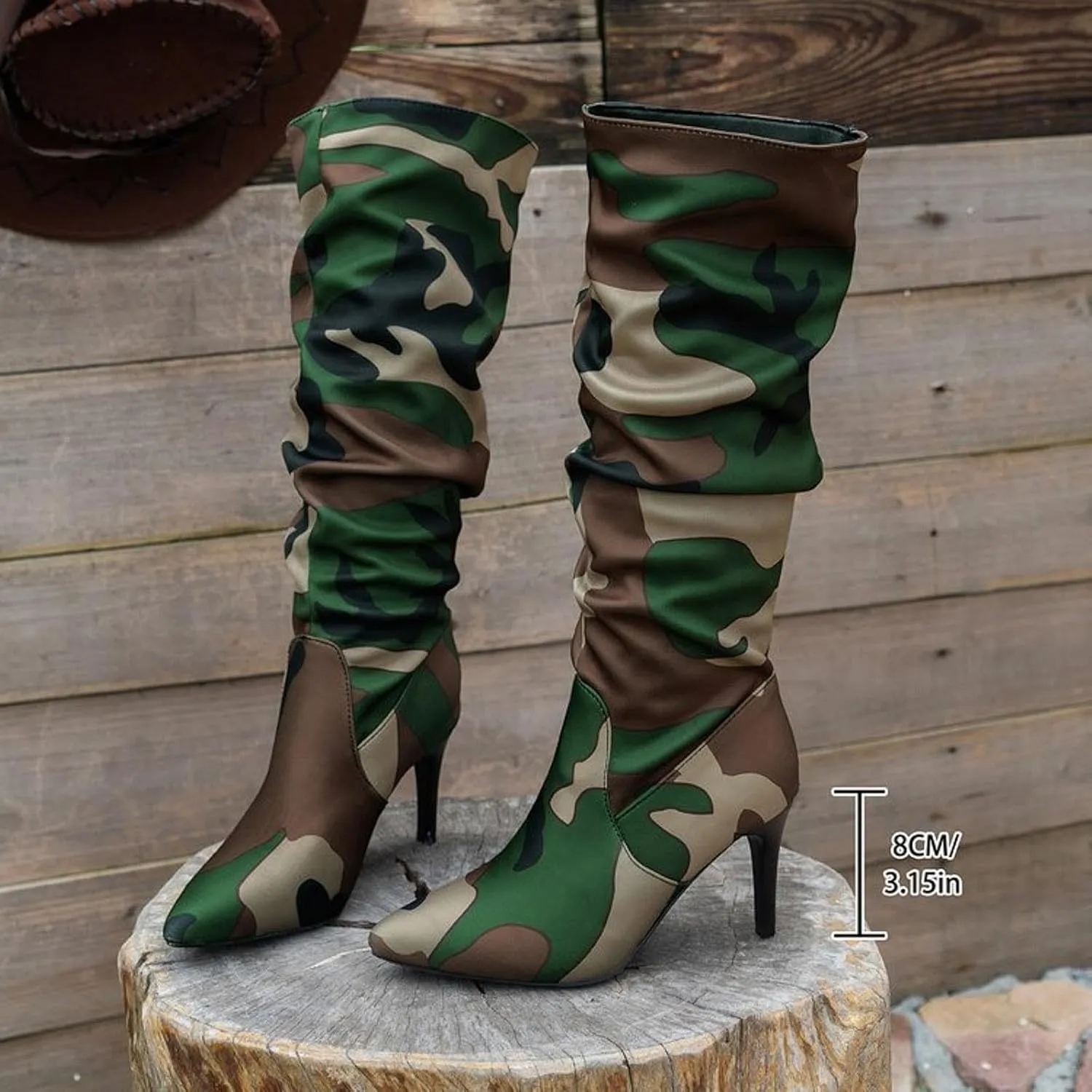 Womens Boots Pointed Toe Stiletto Pleated Camouflage Knee High Boots Casual Trendy Colorblock Boots for Women