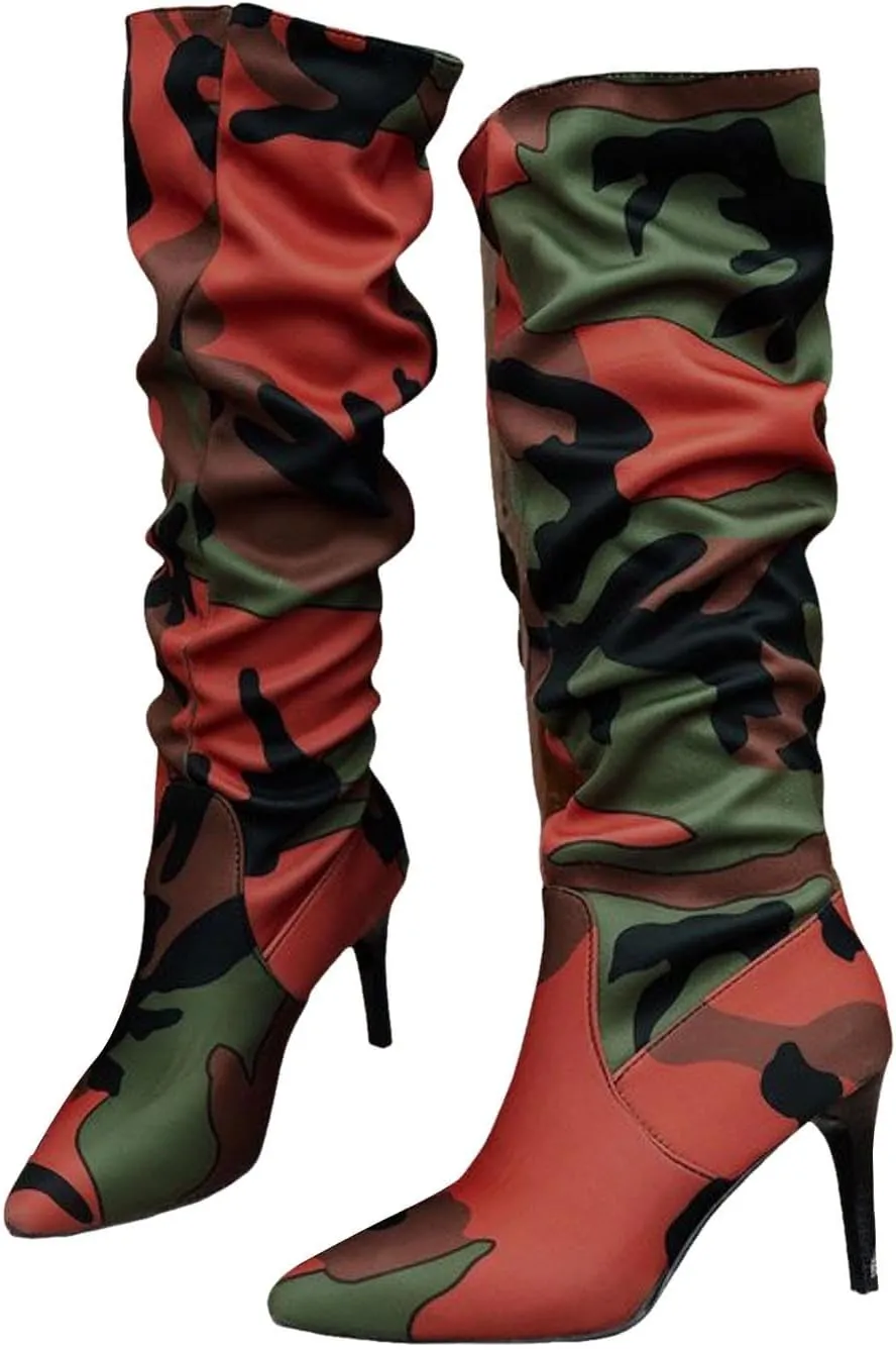 Womens Boots Pointed Toe Stiletto Pleated Camouflage Knee High Boots Casual Trendy Colorblock Boots for Women