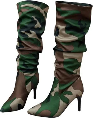 Womens Boots Pointed Toe Stiletto Pleated Camouflage Knee High Boots Casual Trendy Colorblock Boots for Women